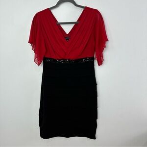 Enfocus Studio Layered Cocktail Dress Size 8 Red & Black Sequin Waist V-Neck